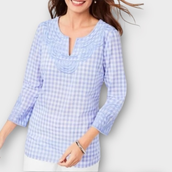 Talbots Embroidered Gingham Popover Lavender White Size Small - Picture 1 of 13